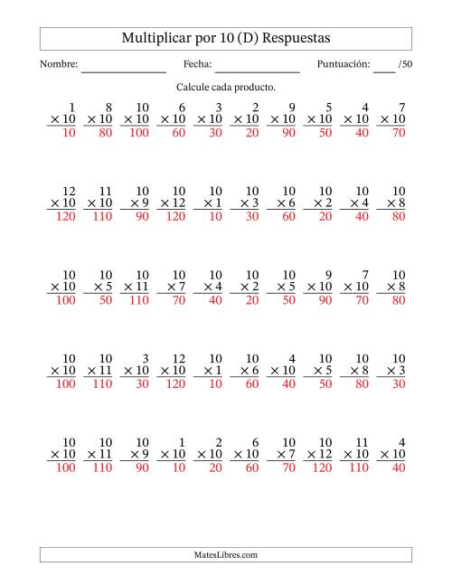 La hoja de ejercicios de Multiplicar (Factores de 1 a 12) por 10 (50 Preguntas) (D) Página 2