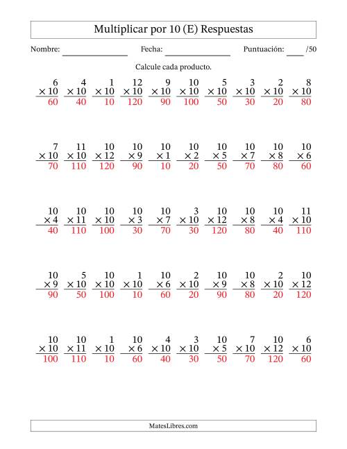 La hoja de ejercicios de Multiplicar (Factores de 1 a 12) por 10 (50 Preguntas) (E) Página 2