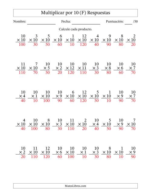 La hoja de ejercicios de Multiplicar (Factores de 1 a 12) por 10 (50 Preguntas) (F) Página 2