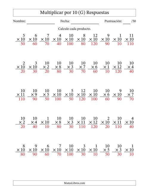 La hoja de ejercicios de Multiplicar (Factores de 1 a 12) por 10 (50 Preguntas) (G) Página 2