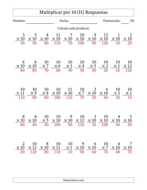 La hoja de ejercicios de Multiplicar (Factores de 1 a 12) por 10 (50 Preguntas) (H) Página 2