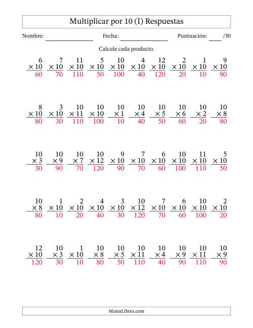 La hoja de ejercicios de Multiplicar (Factores de 1 a 12) por 10 (50 Preguntas) (I) Página 2