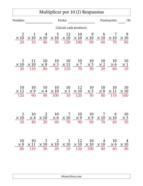 La hoja de ejercicios de Multiplicar (Factores de 1 a 12) por 10 (50 Preguntas) (J) Página 2