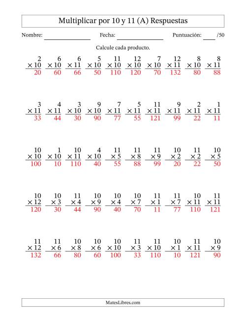 La hoja de ejercicios de Multiplicar (Factores de 1 a 12) por 10 y 11 (50 Preguntas) (A) Página 2