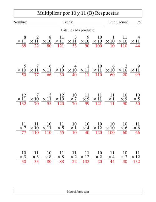 La hoja de ejercicios de Multiplicar (Factores de 1 a 12) por 10 y 11 (50 Preguntas) (B) Página 2