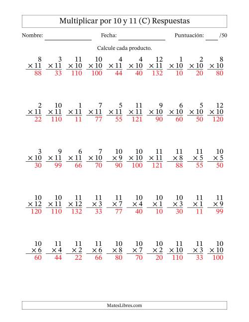 La hoja de ejercicios de Multiplicar (Factores de 1 a 12) por 10 y 11 (50 Preguntas) (C) Página 2