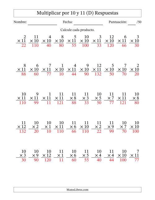 La hoja de ejercicios de Multiplicar (Factores de 1 a 12) por 10 y 11 (50 Preguntas) (D) Página 2
