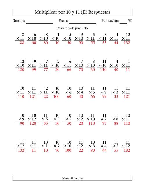 La hoja de ejercicios de Multiplicar (Factores de 1 a 12) por 10 y 11 (50 Preguntas) (E) Página 2