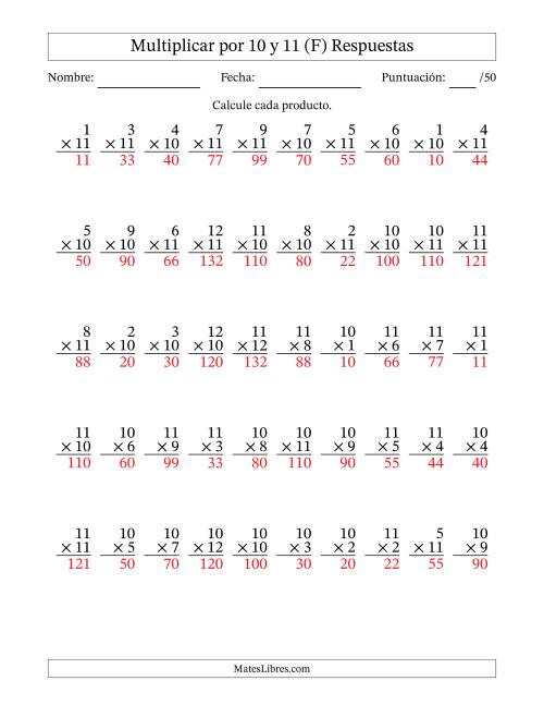 La hoja de ejercicios de Multiplicar (Factores de 1 a 12) por 10 y 11 (50 Preguntas) (F) Página 2