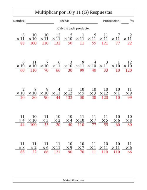 La hoja de ejercicios de Multiplicar (Factores de 1 a 12) por 10 y 11 (50 Preguntas) (G) Página 2