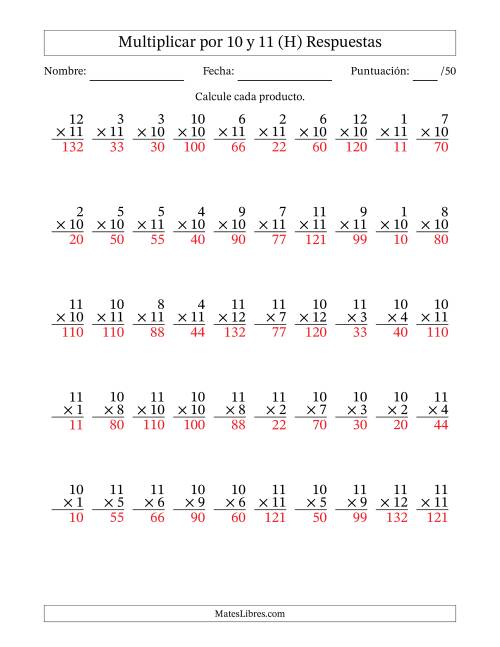 La hoja de ejercicios de Multiplicar (Factores de 1 a 12) por 10 y 11 (50 Preguntas) (H) Página 2