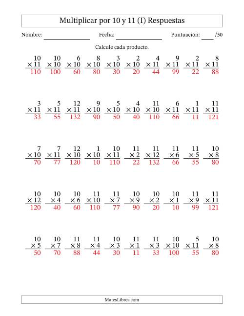 La hoja de ejercicios de Multiplicar (Factores de 1 a 12) por 10 y 11 (50 Preguntas) (I) Página 2