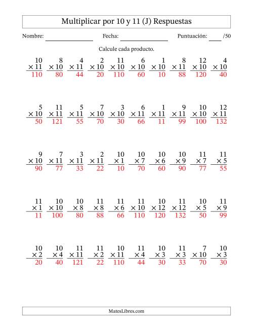 La hoja de ejercicios de Multiplicar (Factores de 1 a 12) por 10 y 11 (50 Preguntas) (J) Página 2