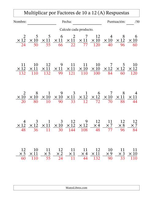 La hoja de ejercicios de Multiplicar (Factores de 1 a 12) por Factores de 10 a 12 (50 Preguntas) (A) Página 2