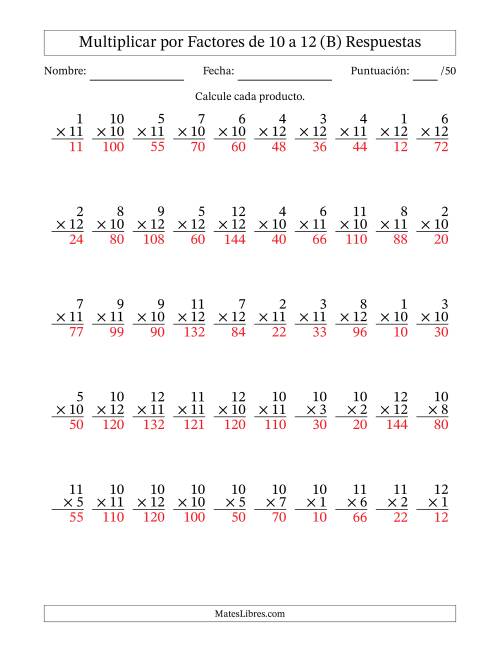 La hoja de ejercicios de Multiplicar (Factores de 1 a 12) por Factores de 10 a 12 (50 Preguntas) (B) Página 2