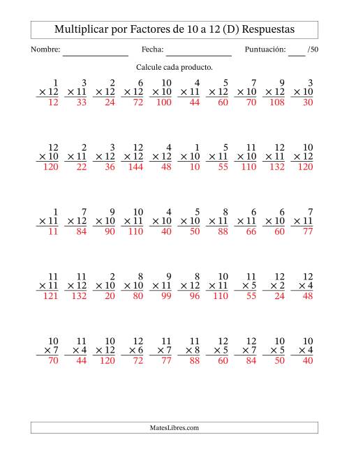 La hoja de ejercicios de Multiplicar (Factores de 1 a 12) por Factores de 10 a 12 (50 Preguntas) (D) Página 2