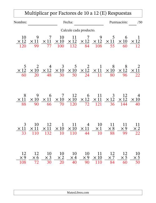 La hoja de ejercicios de Multiplicar (Factores de 1 a 12) por Factores de 10 a 12 (50 Preguntas) (E) Página 2