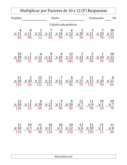 La hoja de ejercicios de Multiplicar (Factores de 1 a 12) por Factores de 10 a 12 (50 Preguntas) (F) Página 2