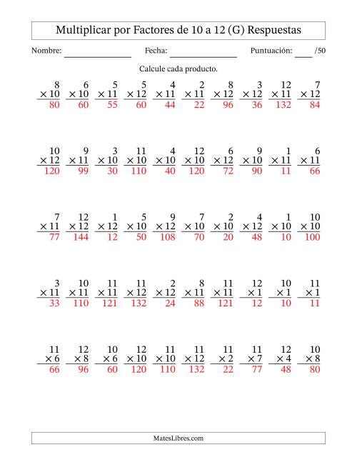 La hoja de ejercicios de Multiplicar (Factores de 1 a 12) por Factores de 10 a 12 (50 Preguntas) (G) Página 2