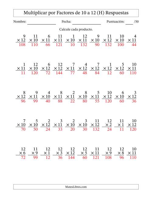 La hoja de ejercicios de Multiplicar (Factores de 1 a 12) por Factores de 10 a 12 (50 Preguntas) (H) Página 2