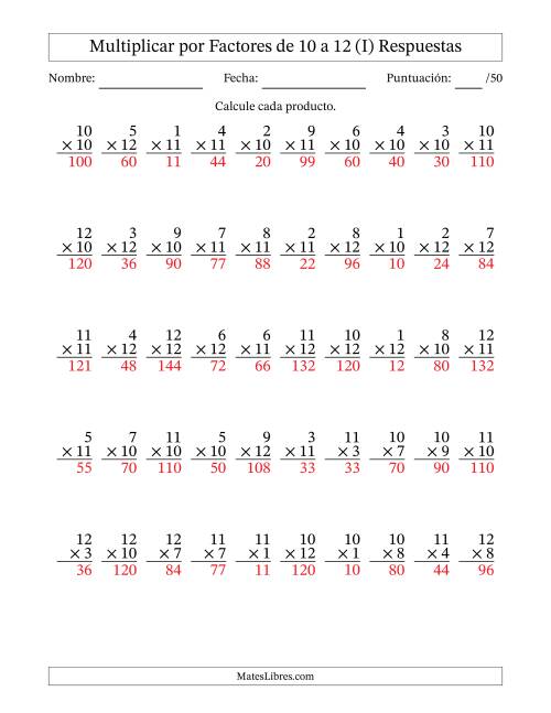 La hoja de ejercicios de Multiplicar (Factores de 1 a 12) por Factores de 10 a 12 (50 Preguntas) (I) Página 2