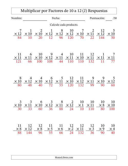 La hoja de ejercicios de Multiplicar (Factores de 1 a 12) por Factores de 10 a 12 (50 Preguntas) (J) Página 2