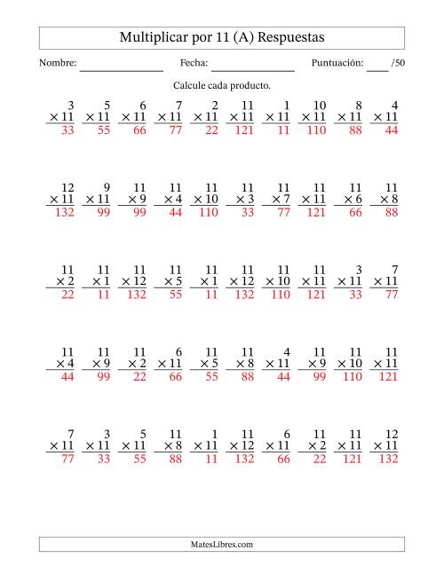 La hoja de ejercicios de Multiplicar (Factores de 1 a 12) por 11 (50 Preguntas) (A) Página 2