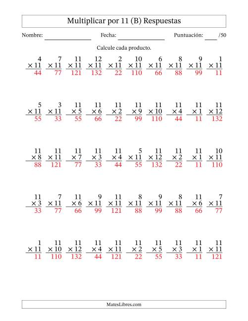 La hoja de ejercicios de Multiplicar (Factores de 1 a 12) por 11 (50 Preguntas) (B) Página 2