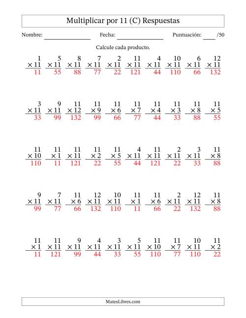 La hoja de ejercicios de Multiplicar (Factores de 1 a 12) por 11 (50 Preguntas) (C) Página 2