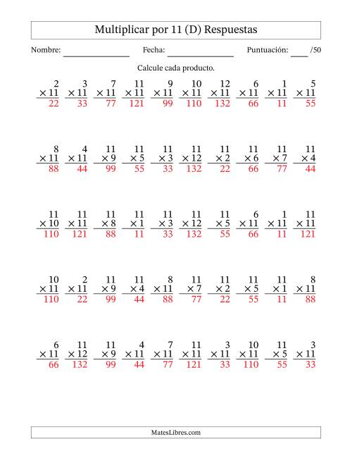 La hoja de ejercicios de Multiplicar (Factores de 1 a 12) por 11 (50 Preguntas) (D) Página 2
