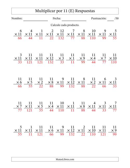 La hoja de ejercicios de Multiplicar (Factores de 1 a 12) por 11 (50 Preguntas) (E) Página 2