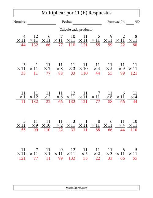 La hoja de ejercicios de Multiplicar (Factores de 1 a 12) por 11 (50 Preguntas) (F) Página 2