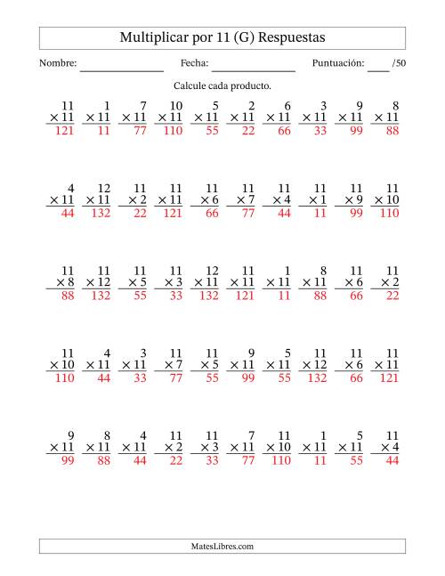 La hoja de ejercicios de Multiplicar (Factores de 1 a 12) por 11 (50 Preguntas) (G) Página 2