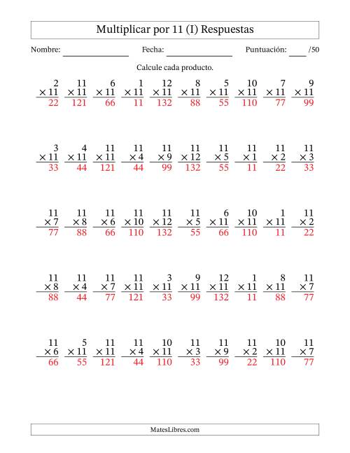 La hoja de ejercicios de Multiplicar (Factores de 1 a 12) por 11 (50 Preguntas) (I) Página 2