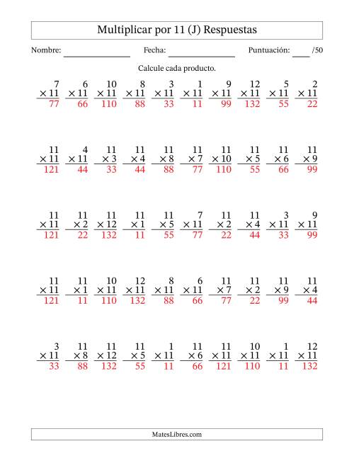 La hoja de ejercicios de Multiplicar (Factores de 1 a 12) por 11 (50 Preguntas) (J) Página 2