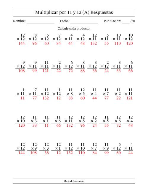 La hoja de ejercicios de Multiplicar (Factores de 1 a 12) por 11 y 12 (50 Preguntas) (A) Página 2