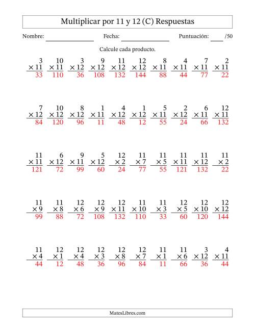 La hoja de ejercicios de Multiplicar (Factores de 1 a 12) por 11 y 12 (50 Preguntas) (C) Página 2