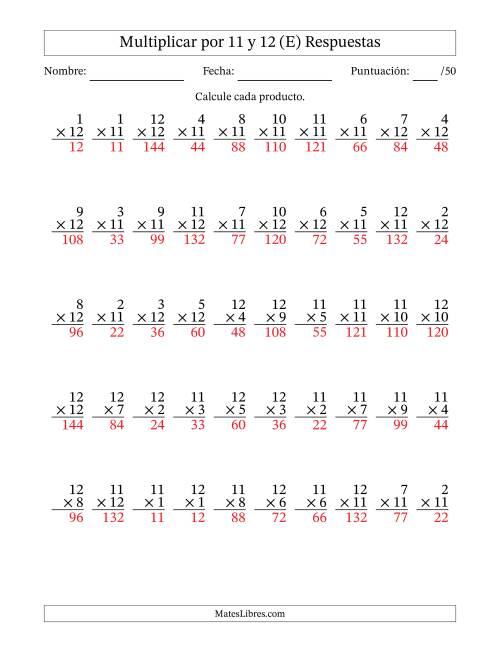 La hoja de ejercicios de Multiplicar (Factores de 1 a 12) por 11 y 12 (50 Preguntas) (E) Página 2