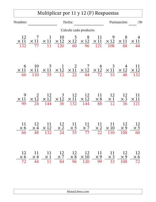 La hoja de ejercicios de Multiplicar (Factores de 1 a 12) por 11 y 12 (50 Preguntas) (F) Página 2