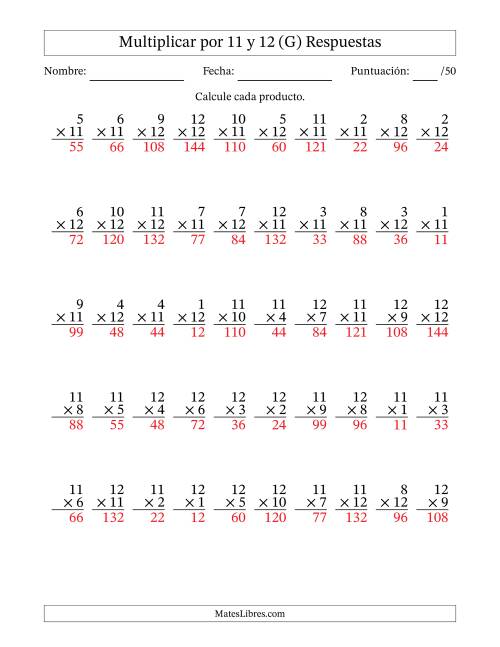 La hoja de ejercicios de Multiplicar (Factores de 1 a 12) por 11 y 12 (50 Preguntas) (G) Página 2