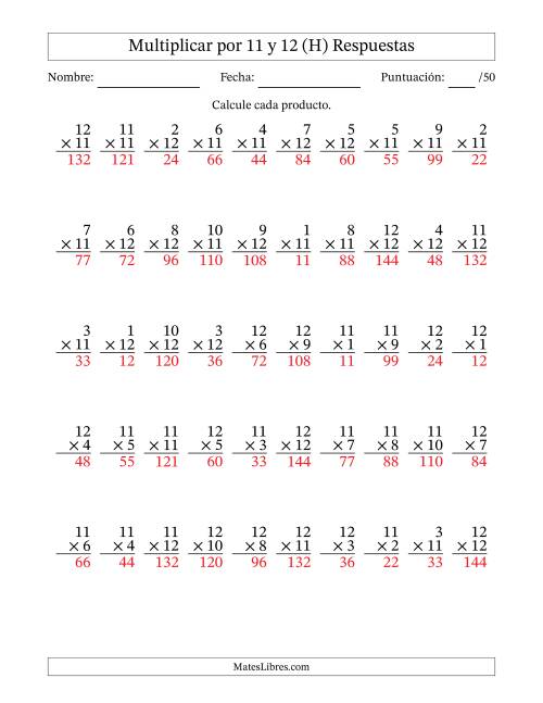 La hoja de ejercicios de Multiplicar (Factores de 1 a 12) por 11 y 12 (50 Preguntas) (H) Página 2