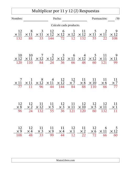 La hoja de ejercicios de Multiplicar (Factores de 1 a 12) por 11 y 12 (50 Preguntas) (J) Página 2