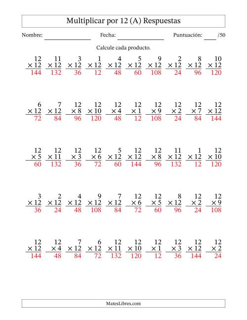 La hoja de ejercicios de Multiplicar (Factores de 1 a 12) por 12 (50 Preguntas) (A) Página 2