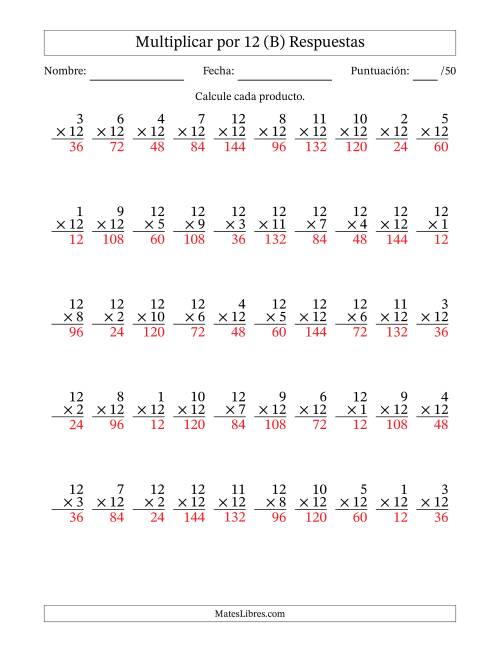 La hoja de ejercicios de Multiplicar (Factores de 1 a 12) por 12 (50 Preguntas) (B) Página 2