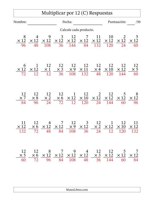 La hoja de ejercicios de Multiplicar (Factores de 1 a 12) por 12 (50 Preguntas) (C) Página 2