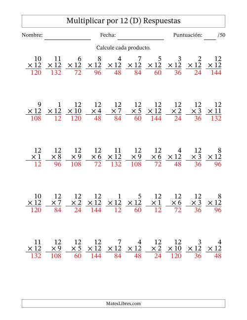 La hoja de ejercicios de Multiplicar (Factores de 1 a 12) por 12 (50 Preguntas) (D) Página 2