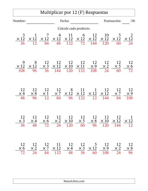 La hoja de ejercicios de Multiplicar (Factores de 1 a 12) por 12 (50 Preguntas) (F) Página 2