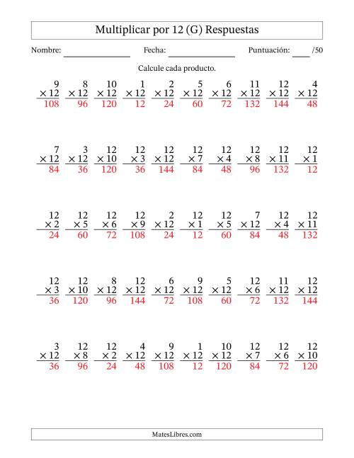 La hoja de ejercicios de Multiplicar (Factores de 1 a 12) por 12 (50 Preguntas) (G) Página 2