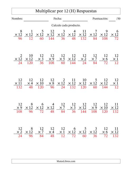 La hoja de ejercicios de Multiplicar (Factores de 1 a 12) por 12 (50 Preguntas) (H) Página 2