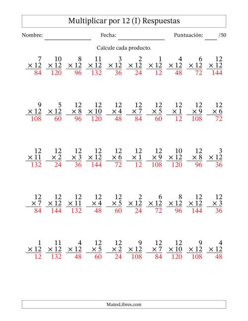 La hoja de ejercicios de Multiplicar (Factores de 1 a 12) por 12 (50 Preguntas) (I) Página 2